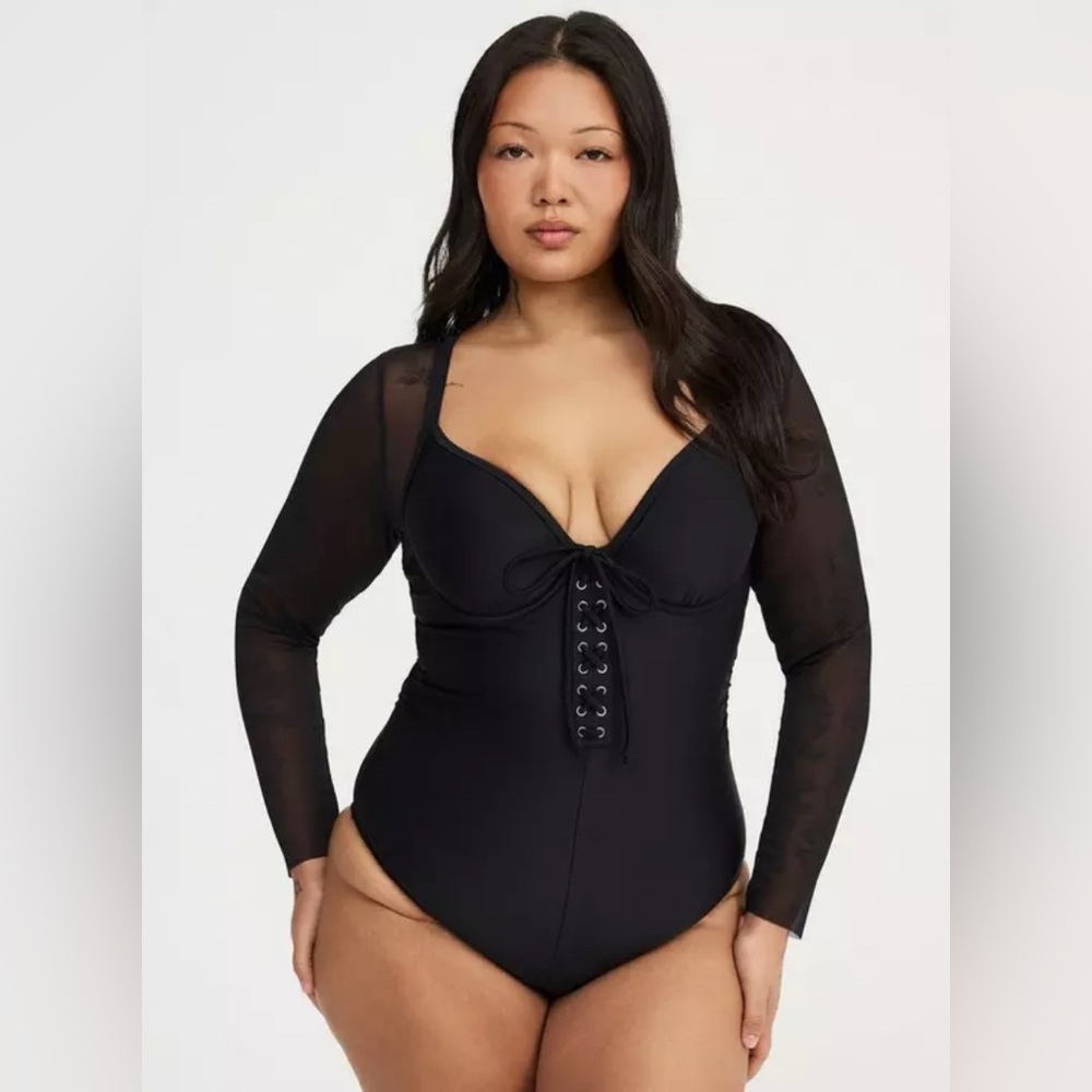 Torrid NWOT Nightfall Wired Mesh Sleeve Corset One-Piece Swimsuit